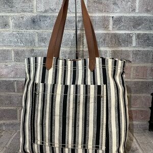 Striped Black and White Tote Bag with Brown Handles